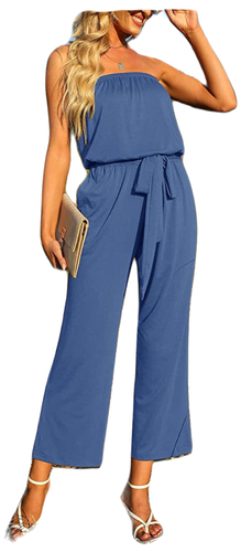 ZESICA Womens Off Shoulder Strapless Belted Wide Leg Jumpsuit, Dusty Blue, Small - Picture 3 of 5