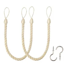 Curtain Ropes, Curtain Handmade Holdbacks with 2 Metal Screw Hooks (Beige, 2pcs)