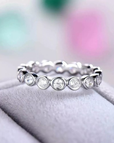 Round Cut Full Eternity Bezel Set VVs1 Moissanite Wedding Band 14K White Gold
