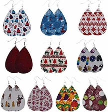 Chic Christmas Tree Elk Teardrop Leather Earrings  silver Hook Drop Dangle gift