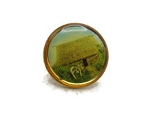 Vintage Round Farm House Picture Pin Gold Tone