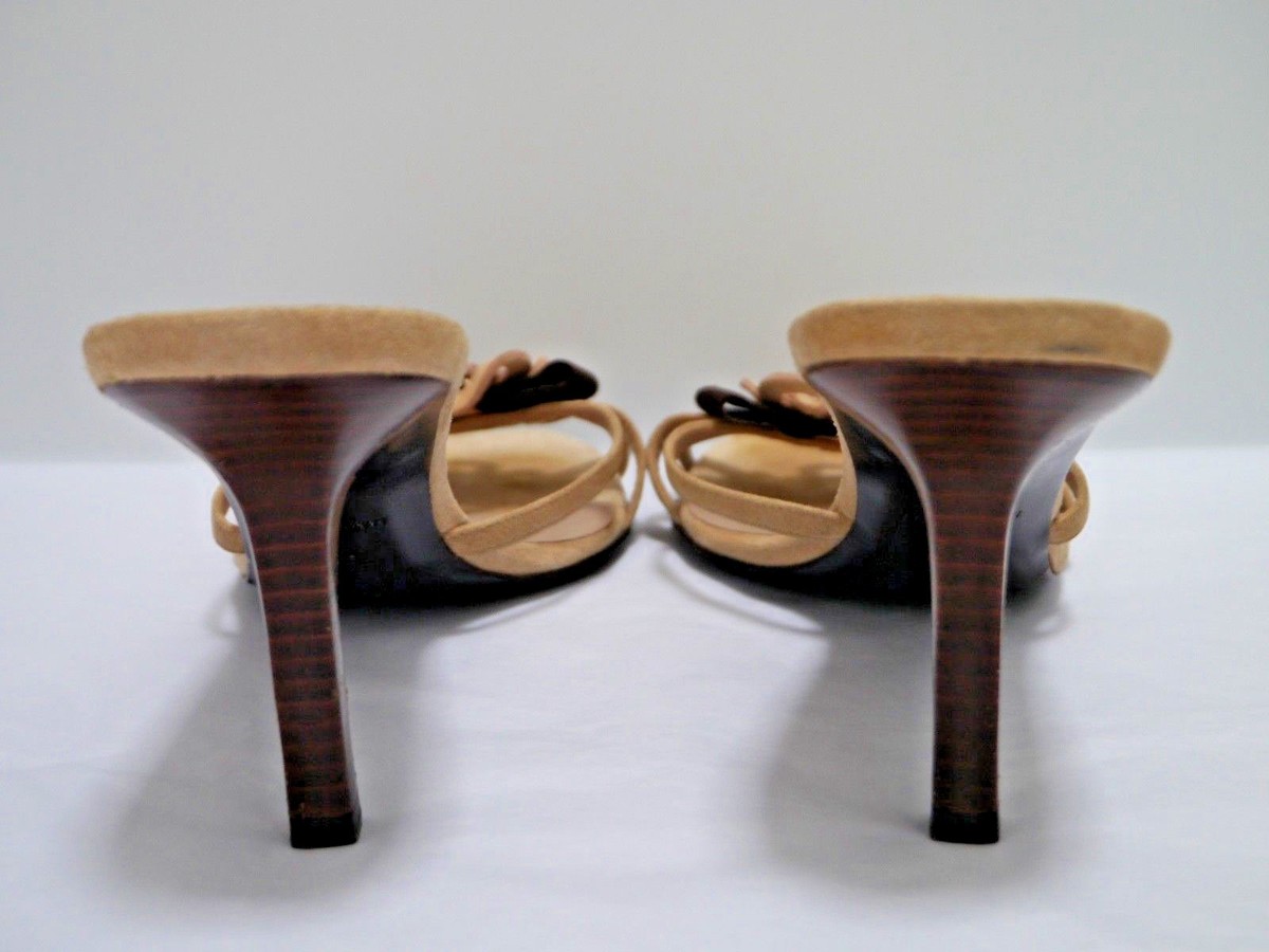CHANEL beige suede camellia flower detail slide sandals