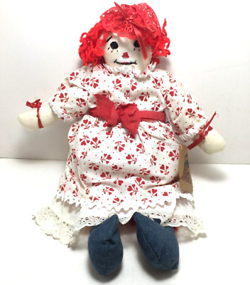 Handmade rag doll red hair heart-flowers on dress vintage approx. 17'' tall