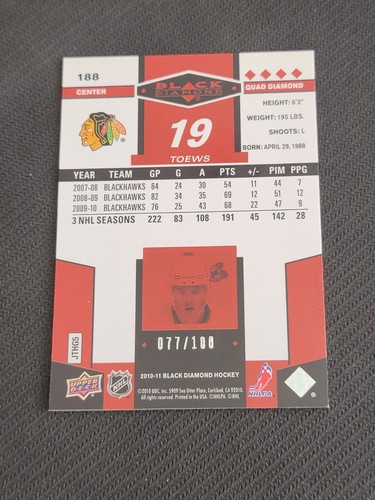 2010-11 UPPER DECK BLACK DIAMOND JONATHAN TOEWS #188 #ed 77/100 RUBY RED QUAD - Picture 2 of 2