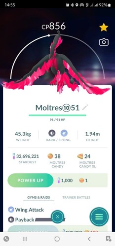 Pokemon Trade Go --- Galarian Moltres (cp below 1500)