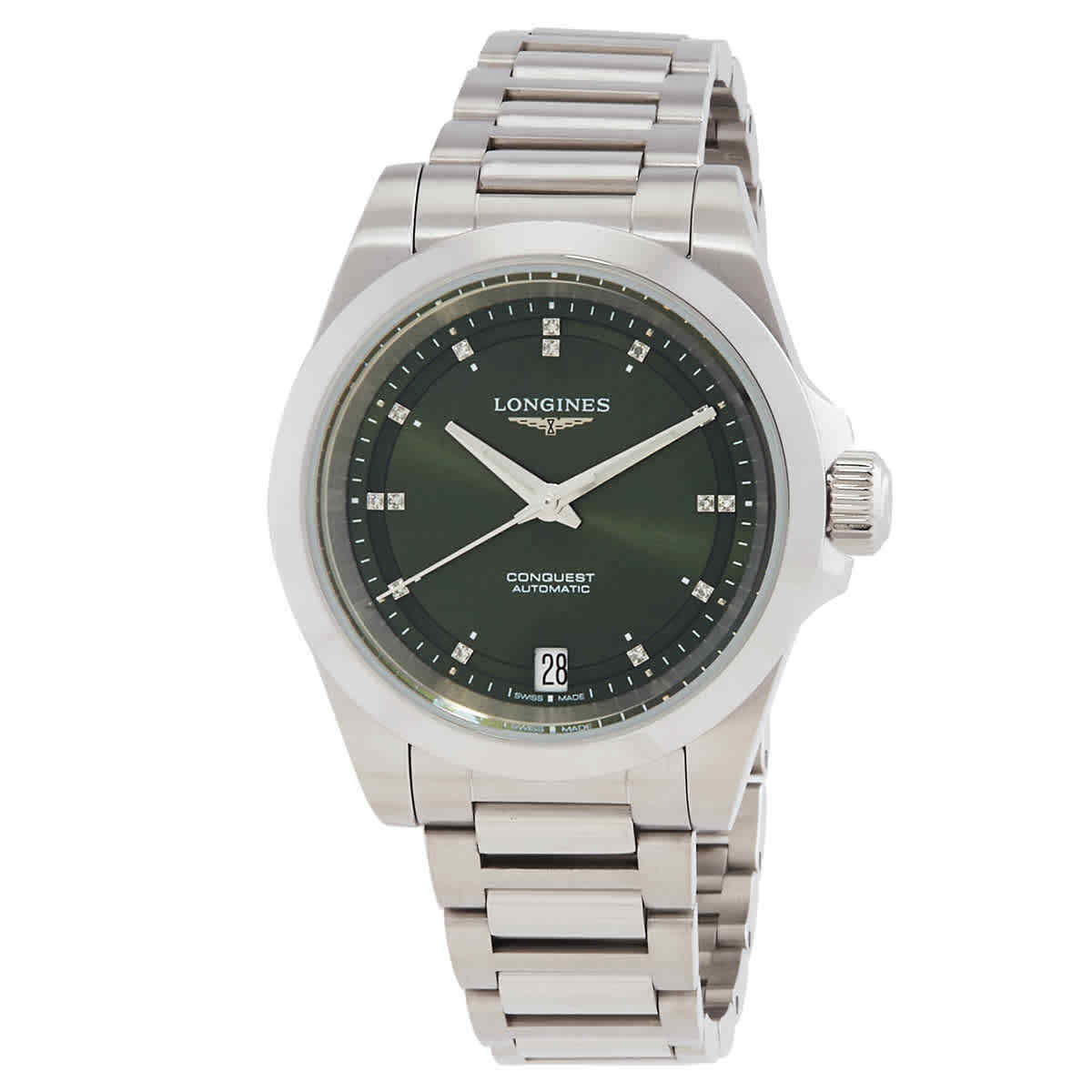 Женские часы Longines Conquest с автоматическим зеленым циферблатом и бриллиантами L3.430.4.07.6