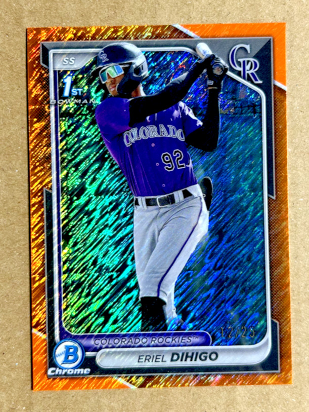 2024 Bowman Chrome ERIEL DIHIGO 1st RC ORANGE Shimmer Refractor 12/25 SP Rockies