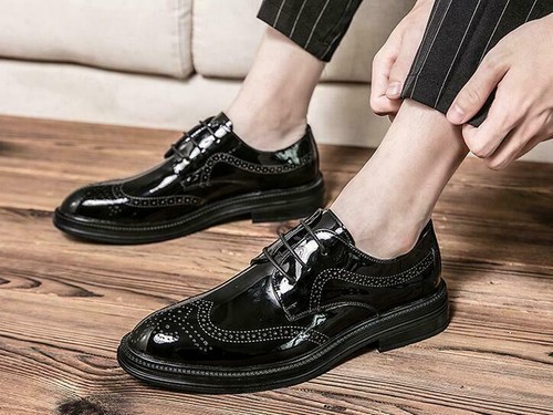 Herren Kunstleder Runde Spitze Oxford Niedriger Absatz Elegant Schuhe Flügelspitze Brogue Business - Bild 11 von 14