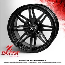 GOLF CART 14"x7" 'LYNX' (BEAST) BLACK ALUMINUM OFFSET WHEELS / RIMS (SET OF 4)