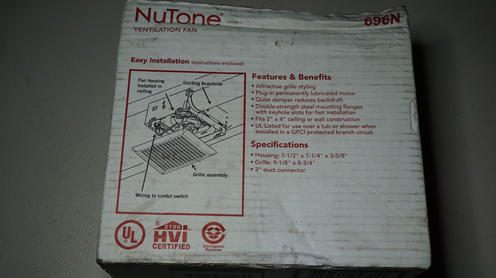 NuTone 696N , Bathroom Exhaust Fan, 50 CFM ,Wall Or Ceiling Mounted