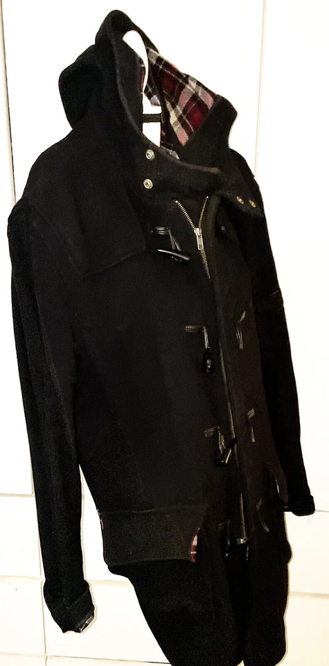 $274 BEN SHERMAN “MOD” MEZCLA LANA BOTÓN PALANCA CLÁSICO ABRIGO DE LONA NEGRO 4 (XL) Foto 4 de 4