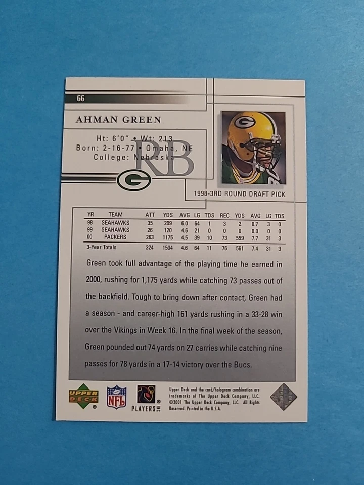 AHMAN GREEN 2001 UPPER DECK FOOTBALL CARD # 66 H9224 - Image 2 of 2
