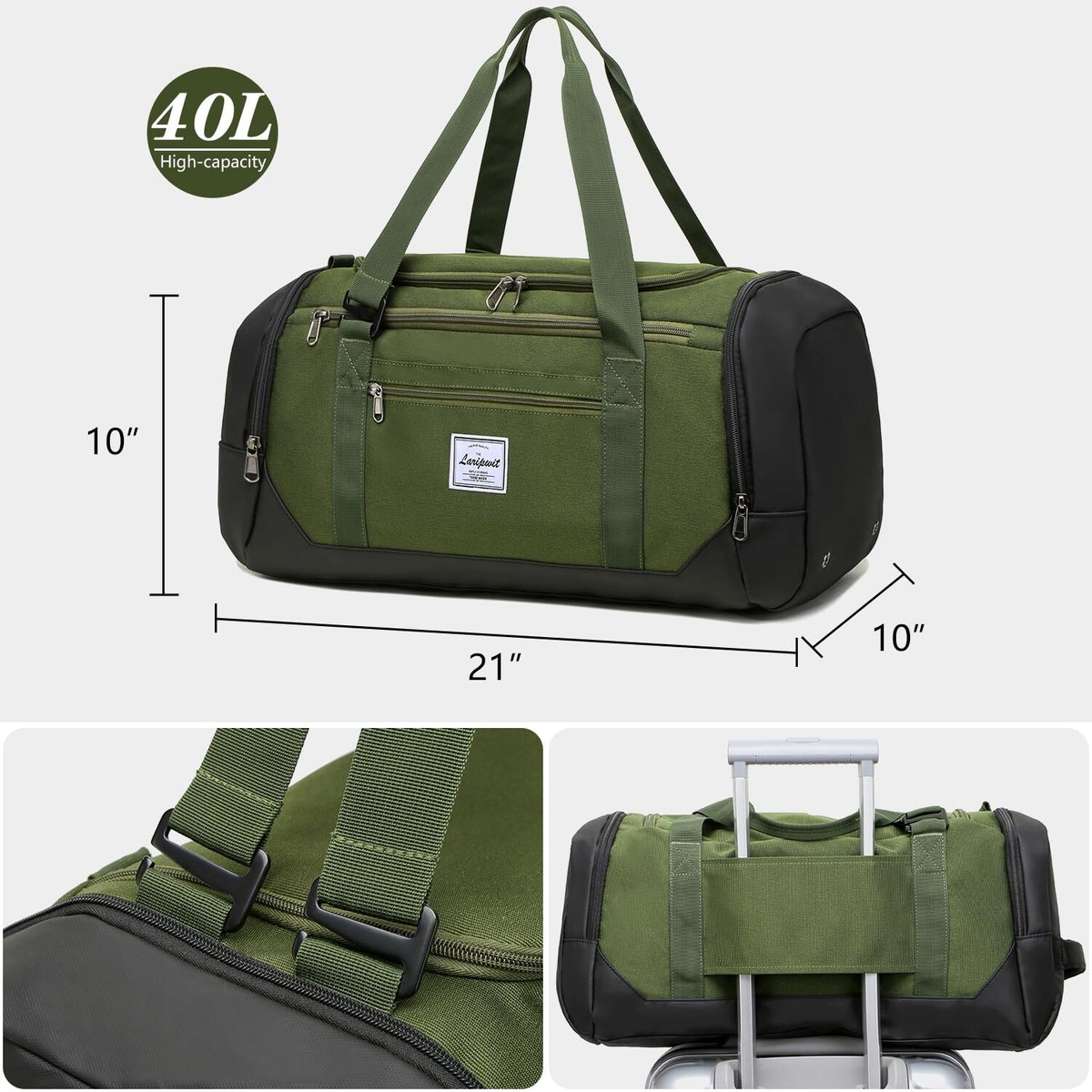 Borsone Da Viaggio 40L Laripwit - Zaino/Borsa Palestra, Impermeabile, Con Tasca Scarpe E Bagnato, Verde - Foto 5