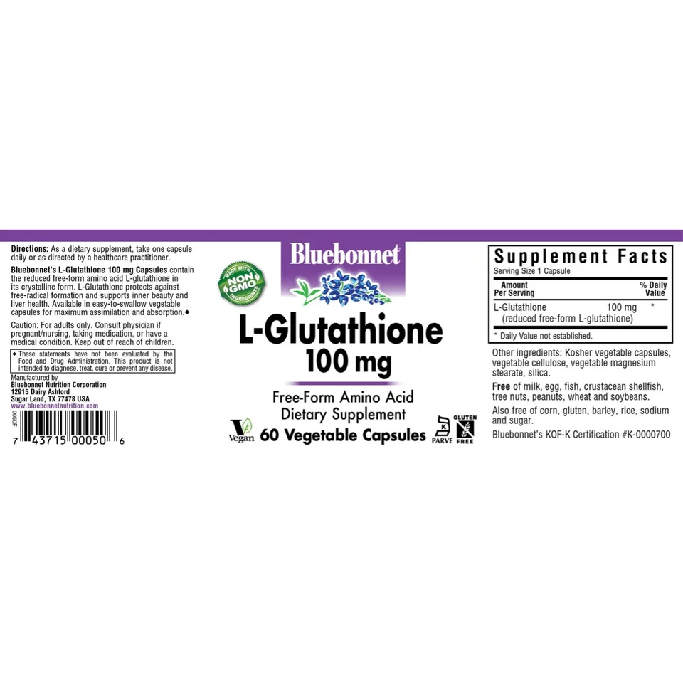 Bluebonnet L-Glutatión 100 mg 60 cápsulas vegetales, aminoácido de forma libre Foto 2 de 4