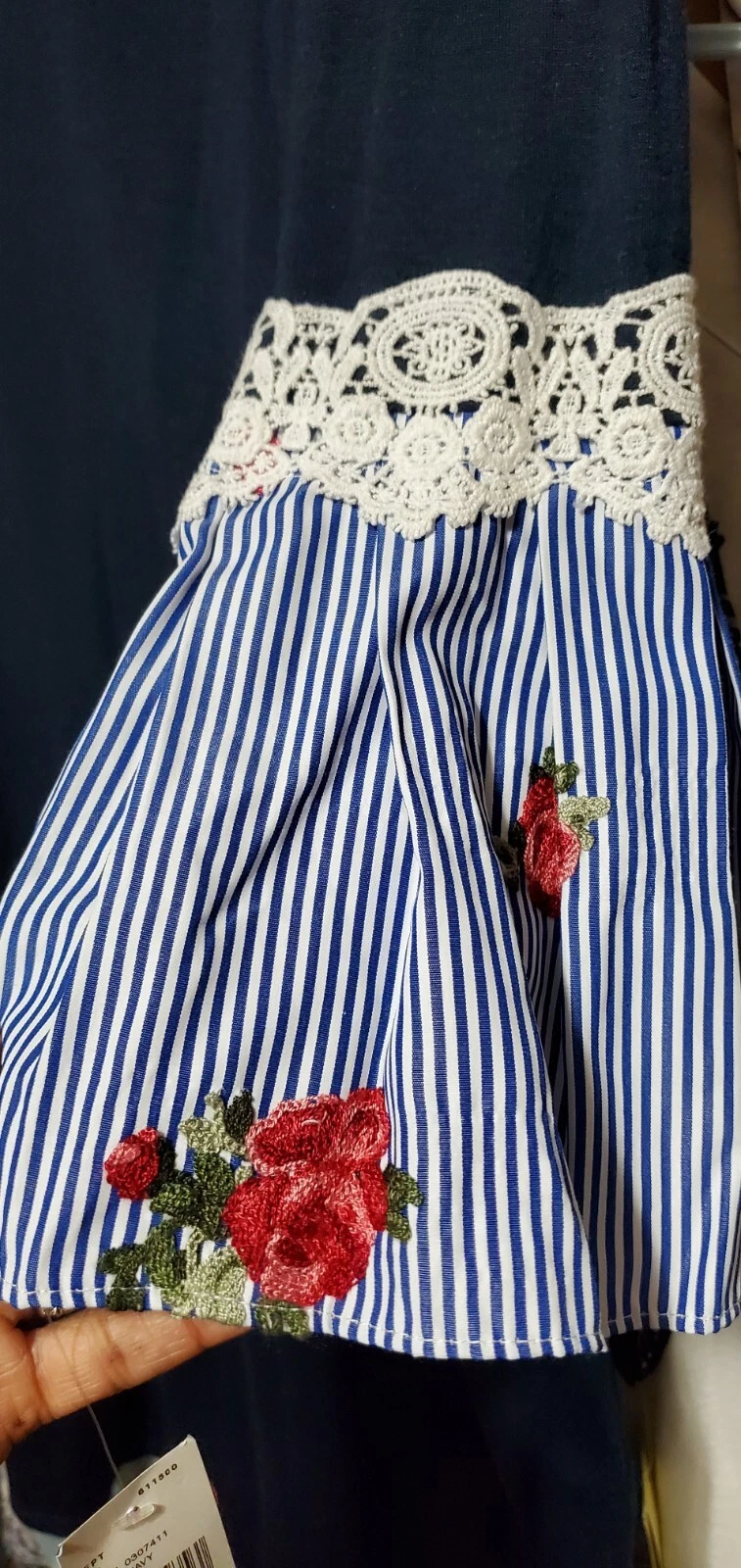 Abito a tubino ALYX blu navy a righe ricamo pizzo manica a campana tasca ~ M M3020