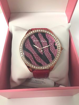 NWT Betsey Johnson Pink Fuchsia Zebra Leather Bling watch  display picture 2