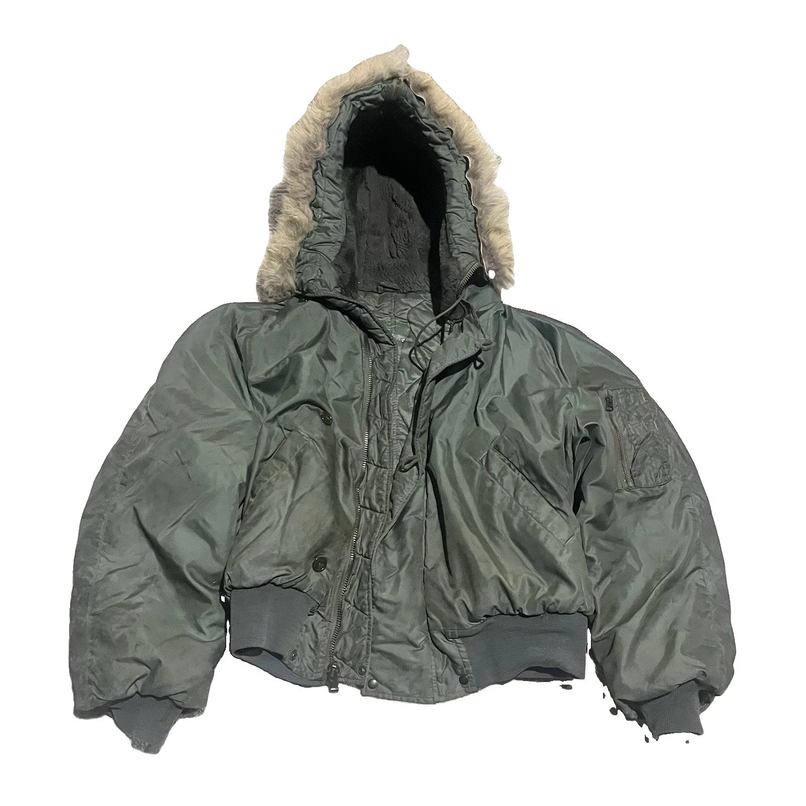 Vtg 80s Very stained Civ N-2B sage green Bomber Jacket heavy attached Hood Sz XL image 2