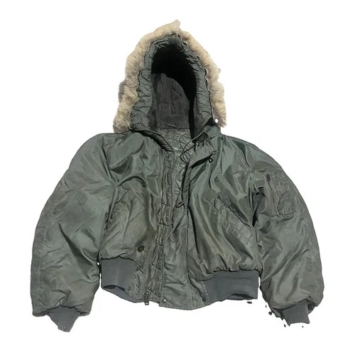 Vtg 80s Very stained Civ N-2B sage green Bomber Jacket heavy attached Hood Sz XL image 2