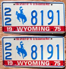 1975 Wyoming License Plate Number Tag Pair Plates