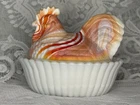 Vintage Westmoreland Red/Orange Slag Rooster On A Milk Glass Nest 5x6in Glows