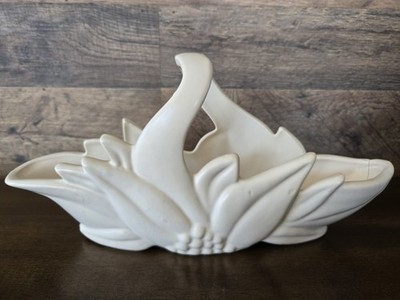 Hull Pottery USA Swan Console Basket Ivory Matte 12  Centerpiece Planter MCM