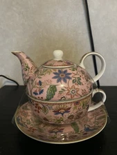 Tea for One Set – Floral Pink Porcelain Teapot Cup & Saucer – Elegant Garden 