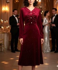 Burgundy Red Shimmery Glitter Velvet Velour Midi Maxi Dress Gown Size XL 1X