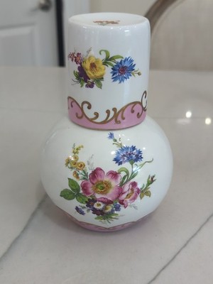 Vtg French HAND PAINTED PEINT MAIN TUMBLER UP BEDSIDE WATER CARAFE Pink Porcelai