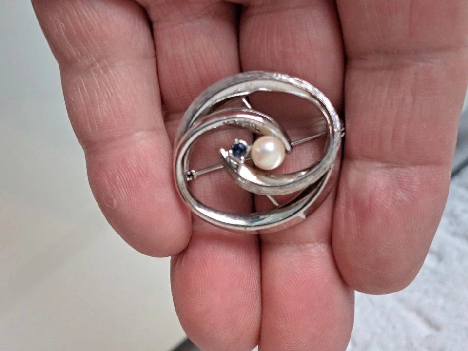 Bella Vecchia Spilla 925 Argento Con Zaffiro E Perla! - Immagine 4 di 4