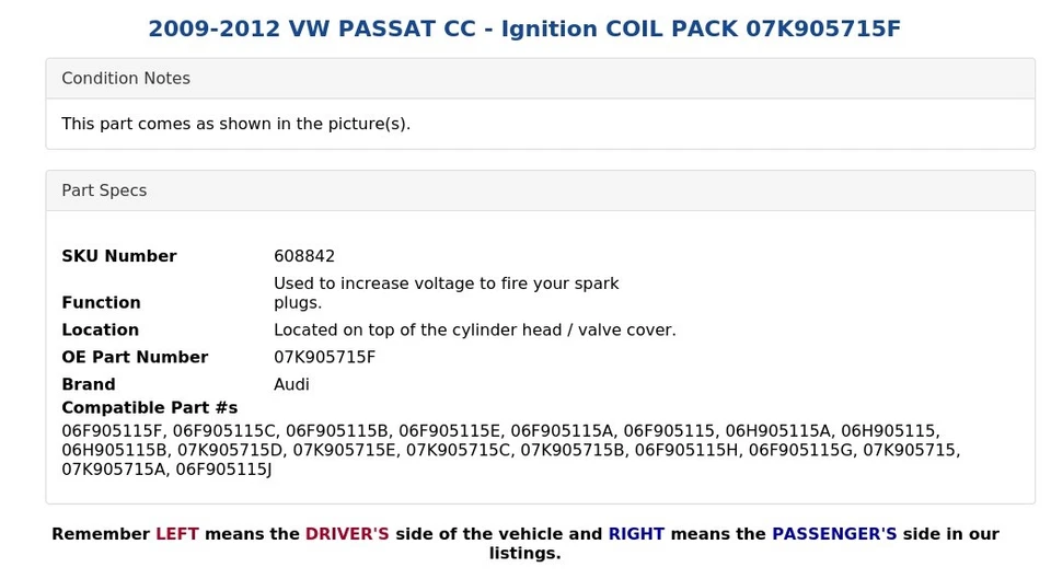 2009-2012 VW PASSAT CC - Ignition COIL PACK 07K905715F - Imagen 4 de 4