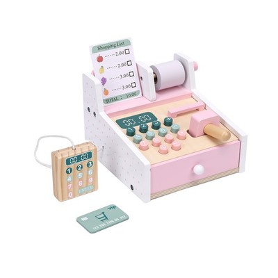 Wooden Toy Cash Register with Scanner Math Learning Role Play Cashier Game Pink