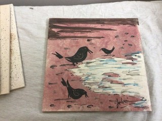 Vtg JOBI Pottery 6x6 Tile Shore Birds Pipping Plovers Hand Signed and Painted