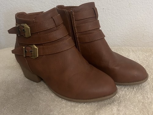 TOP MODA Strappy Buckle Ankle Boots Women's Size 8.5 Brown Stack Heel Almond Toe - Picture 11 of 14