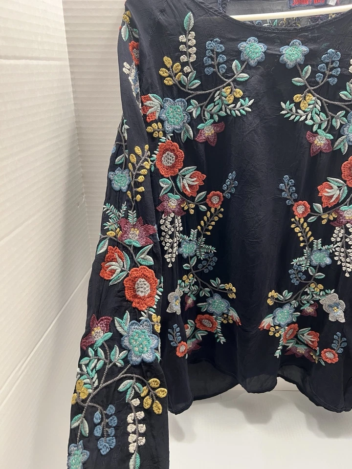 Johnny Was Tunic Shirt Womens Med Embroidered Cupra Rayon Kikimu Black Boho - Image 3 of 4