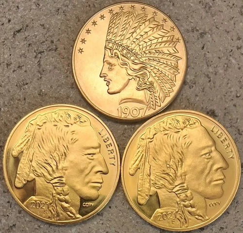 3 Coins 1907 INDIAN/EAGLE  2021&24 INDIAN HEAD/BUFFALO Gold Plated US COPY Coins