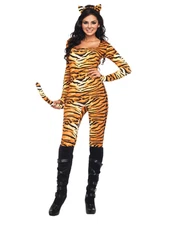 Wild Tigress Tiger Halloween Costume Catsuit Jumpsuit with Tail and Headband S/M