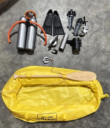 G.I. Joe Life Raft Set Flippers Scuba Tanks Anchor Paddle Mask Knife 1960s Read!