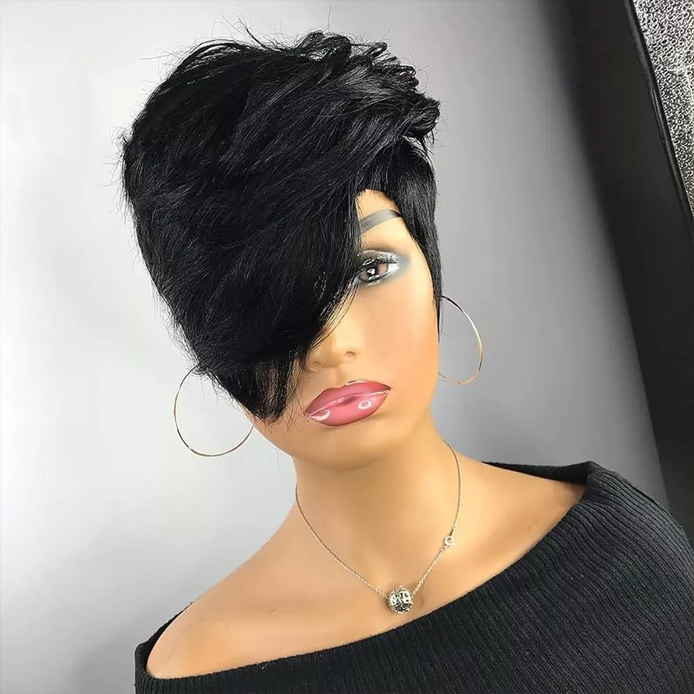 Black Human Hair Wigs with Long Bangs Short Pixie Cut Wig Human Hair Side Part