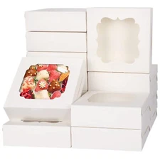 60pcs 8x8x2.5 Inches Cookie Boxes with 2 Windows White Bakery Pastry Dessert ...