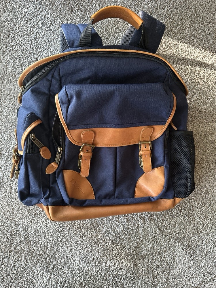 L.L. BEAN Brown Leather Blue Canvas Padded Backpack Rucksack Book Bag Collegiate