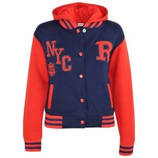 Kids Girls Boys Navy  Red Baseball Hooded R Fashion NYC Jacket Varsity Coat