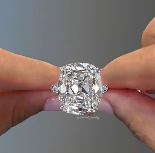 Anillo de compromiso de tres piedras de plata con corte cojín de mina antiguo de 19 quilates - Imagen 7 de 8