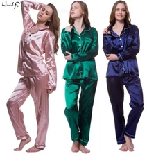 Women's Silk Satin Pajamas Set Ladies Long Sleeve Sleepwear Loungewear Nightwear