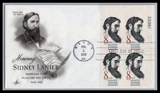 US FDC # 1446 8c Sidney Lanier ArtCraft Plate Blk 361 UR L.Cancel 1972, 9E631