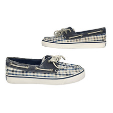 Sperry Top Sider Womens Shoes 6 White Blue Plaid Faded Distressed Boat Slip Ons