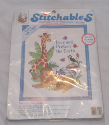 1992 DIMENSIONS STITCHABLES #72121 PROTECT THE EARTH CROSS STITCH KIT w/Frame 