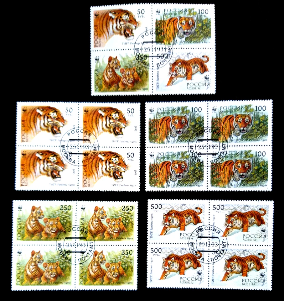 Russland 1993 5x Block- Viererblock Komplettsatz WWF Tiger gestempelt - Bild 1 von 1