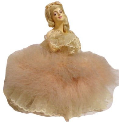 VTG Boudoir Doll Powder Box Composition Half Doll Dresser Box Marabou Feathers