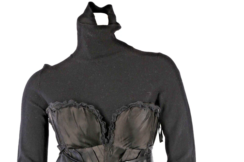 Conjunto de corsé de satén de 2 piezas suéter cuello alto lana merino negro vintage talla M Foto 3 de 4