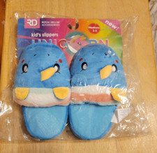 NEW 3D Blue UNICORN Soft Furry Cozy Slippers Gold Horn